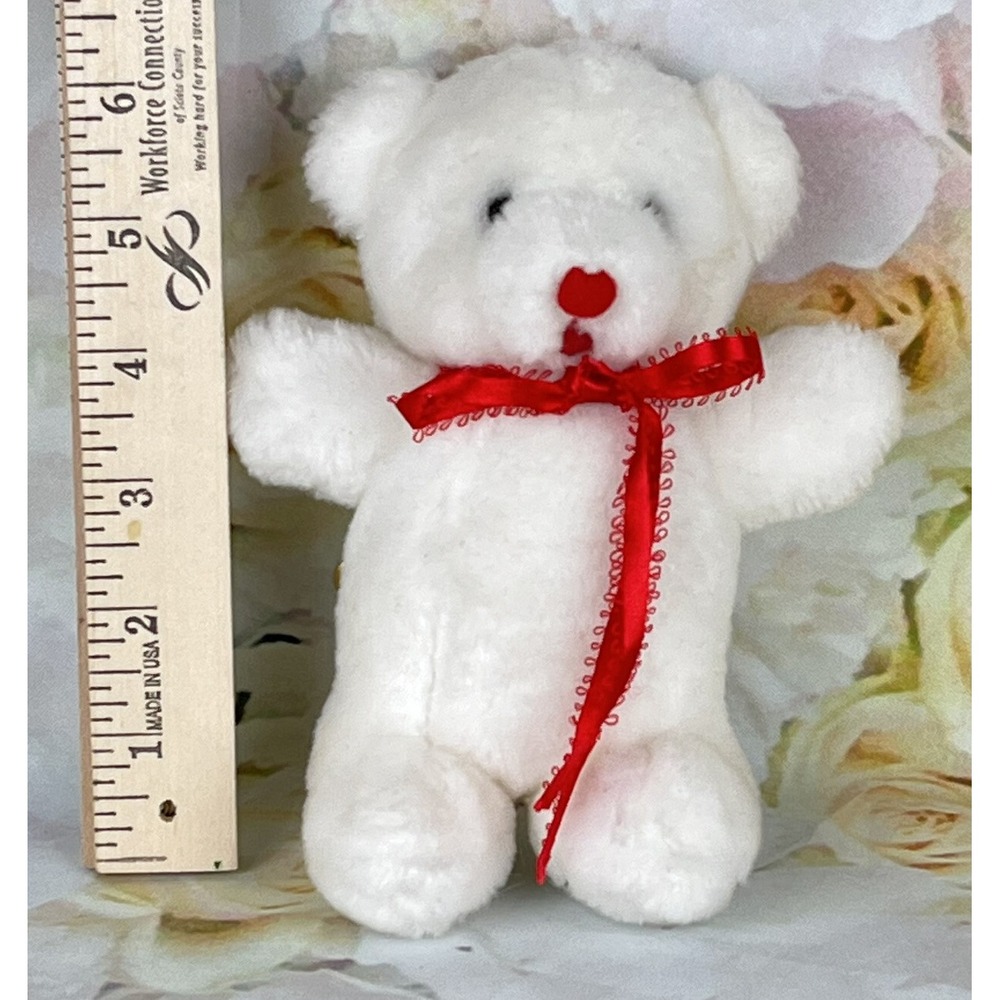 ACME White Bear 1985 Plush Stuffed Animal 6 Inch Soft Clean Cute Red Ribbon Vtg